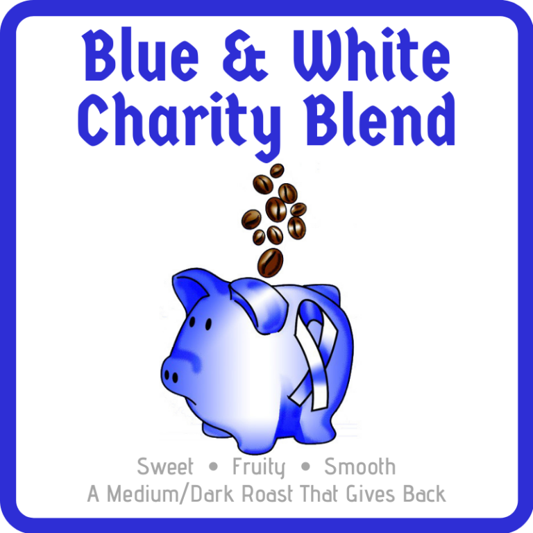 Nate's Coffee Blue and White Charity Square with blue piggy bank filled with coffee beans