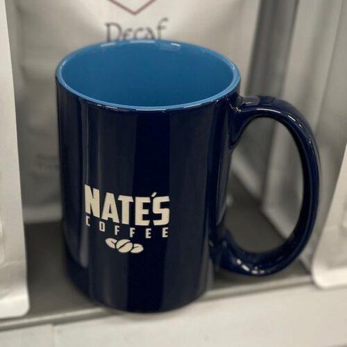 Blue Mug in two tones etched with the Nate's Coffee Logo